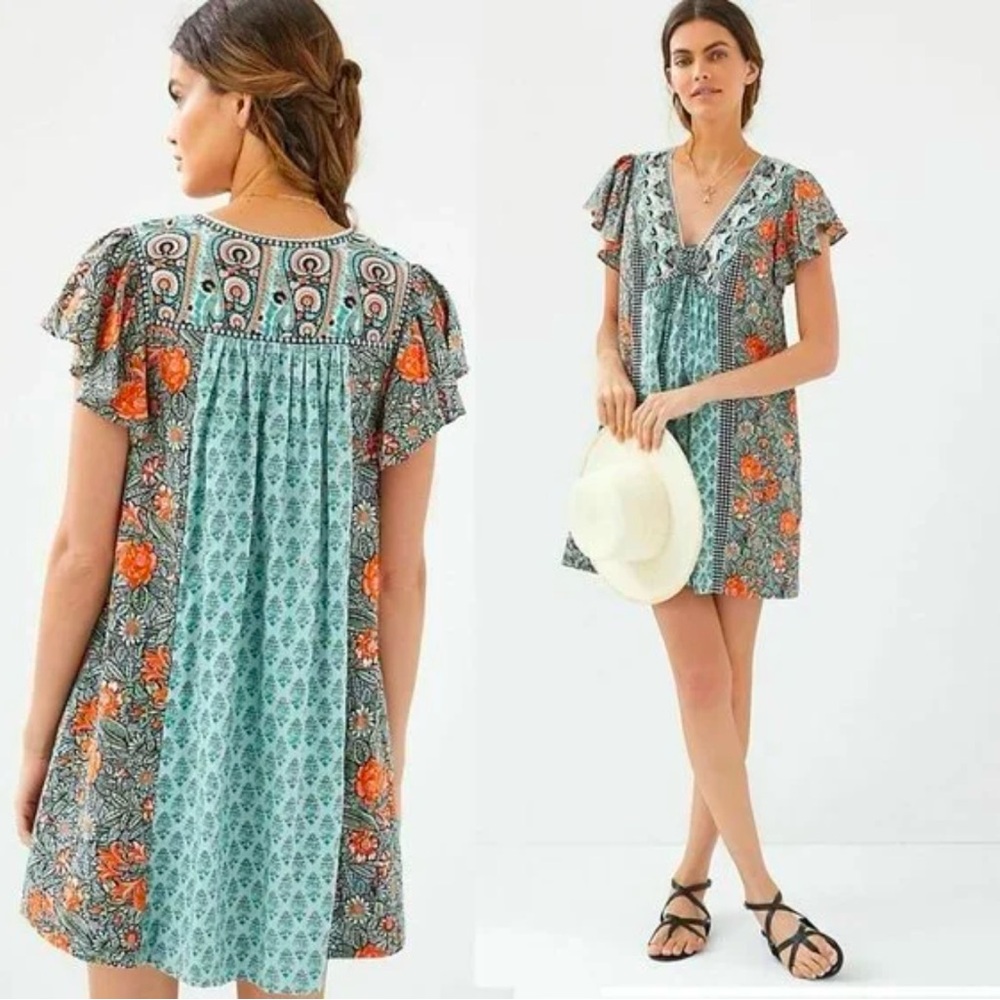 ANTHROPOLOGIE ASTRID BOTANICAL PRINT TUNIC MINI DRESS GREEN FLORAL